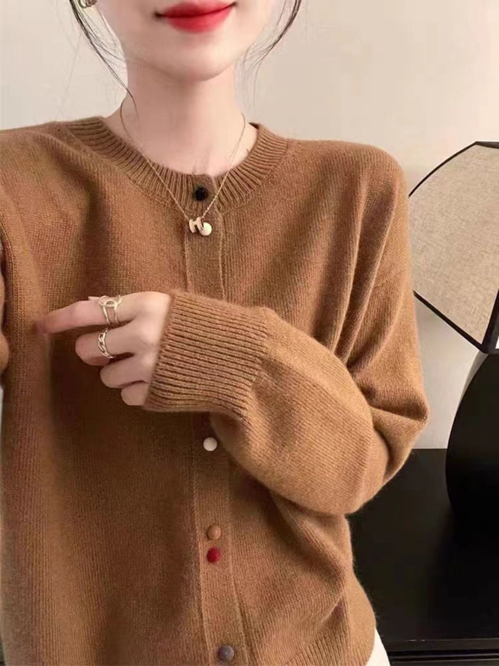 Vintage Crew Neck Knit Cardigan - Red