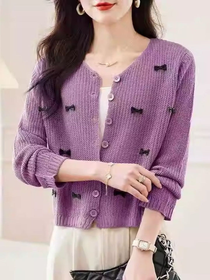 Classic Crew Neck Bow Knitted Top - Purple