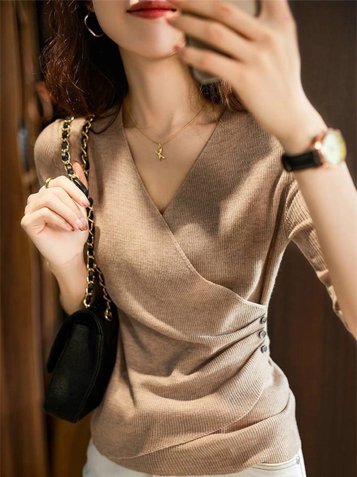 Casual V-Neck Solid Color Knitted Top - Green