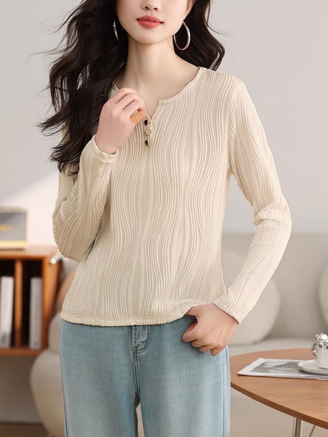 Heart Button Round Neck Long Sleeve Top