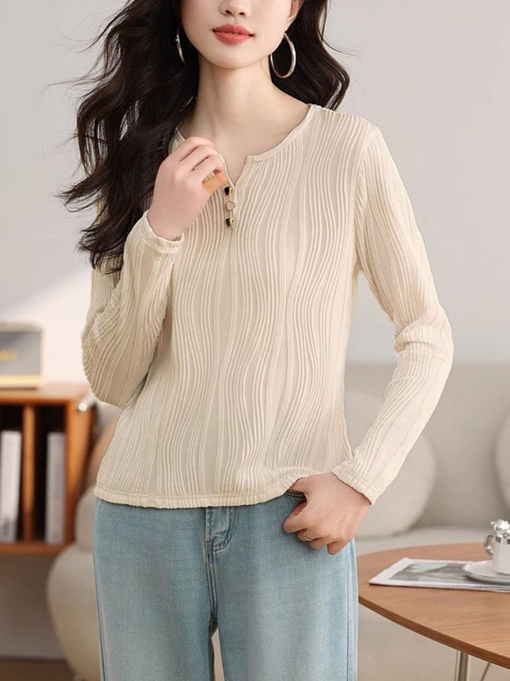 Heart Button Round Neck Long Sleeve Top