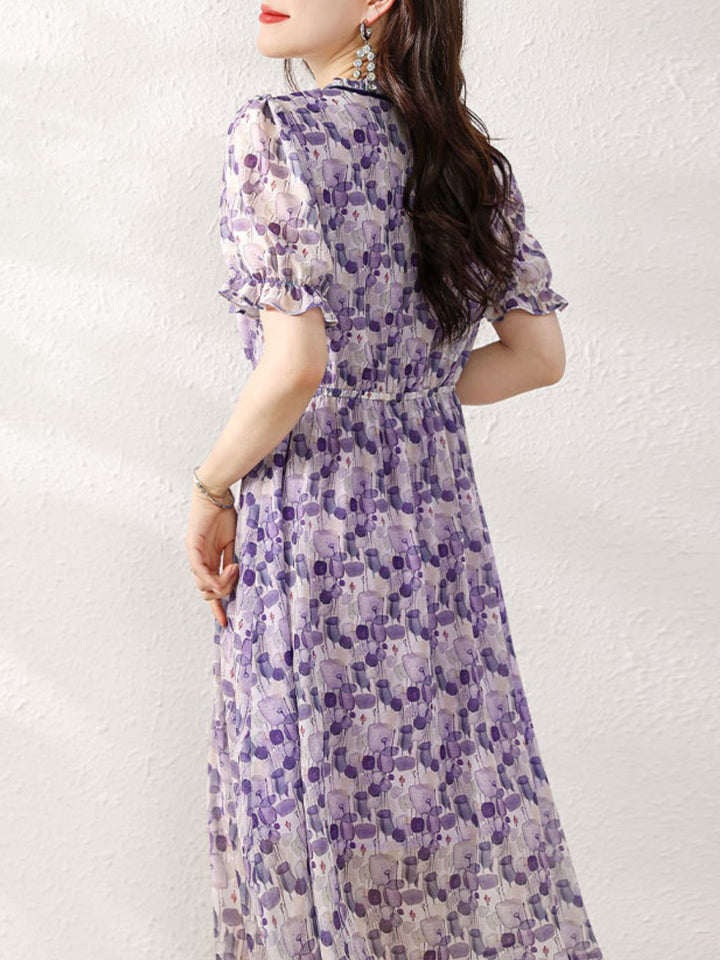Retro V-Neck Printed Waist Dress