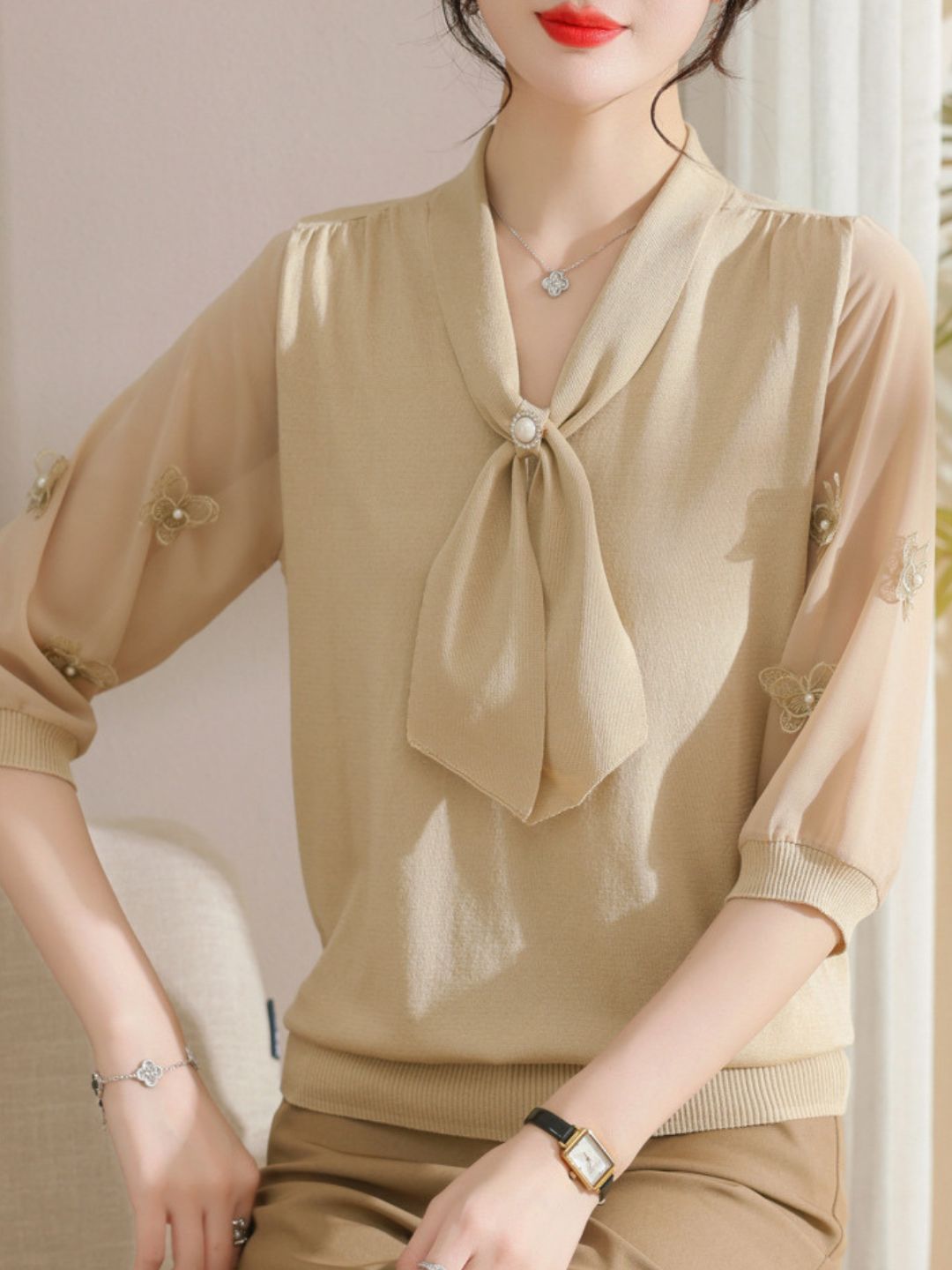 Ribbon Scarf Collar Gauze Sleeve Knitted Top