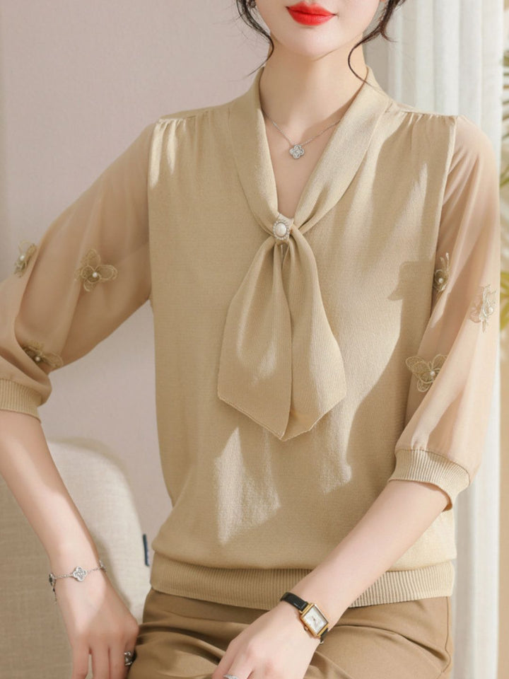 Ribbon Scarf Collar Gauze Sleeve Knitted Top