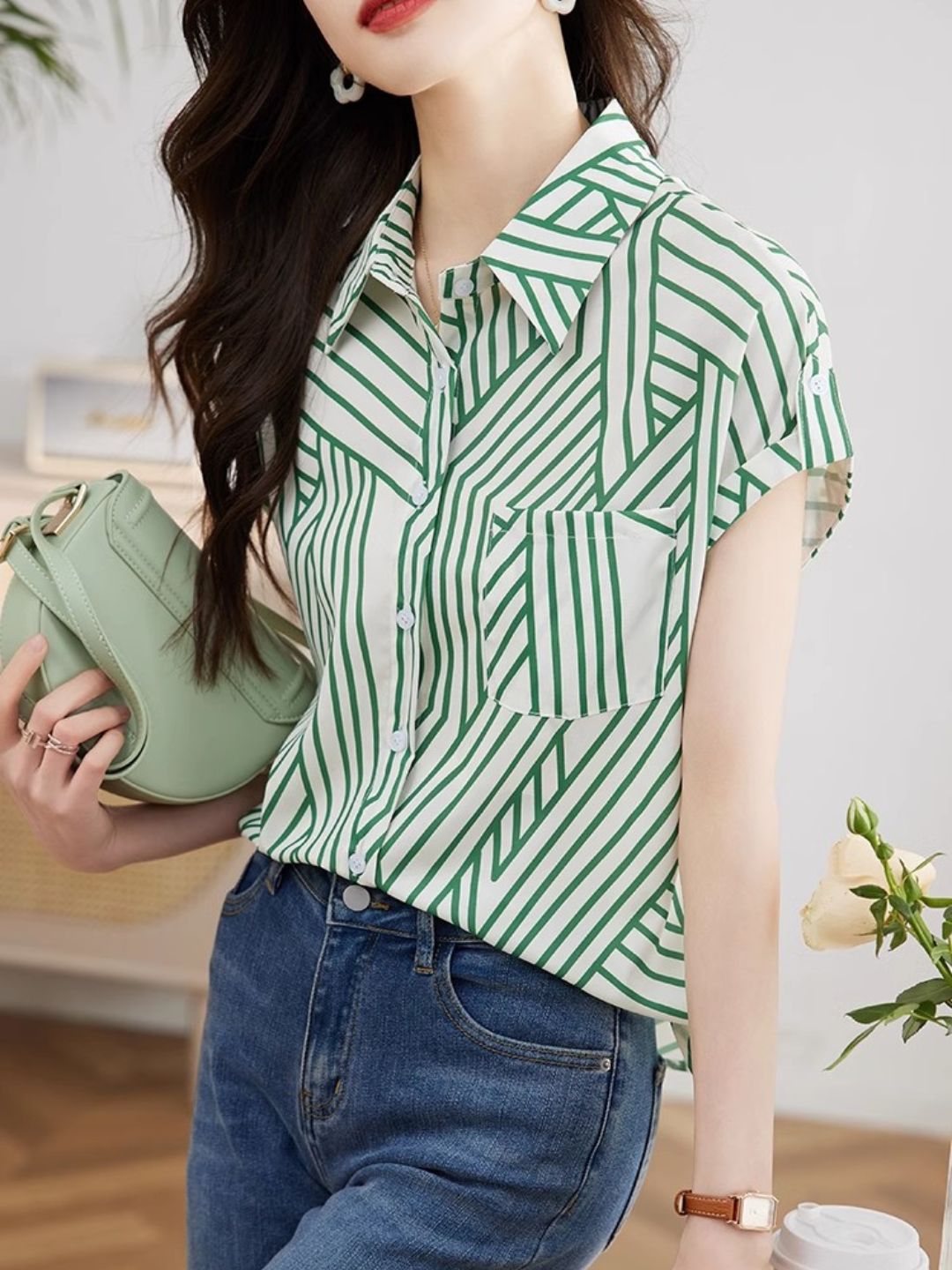 Chiffon Striped Short Sleeve Shirt
