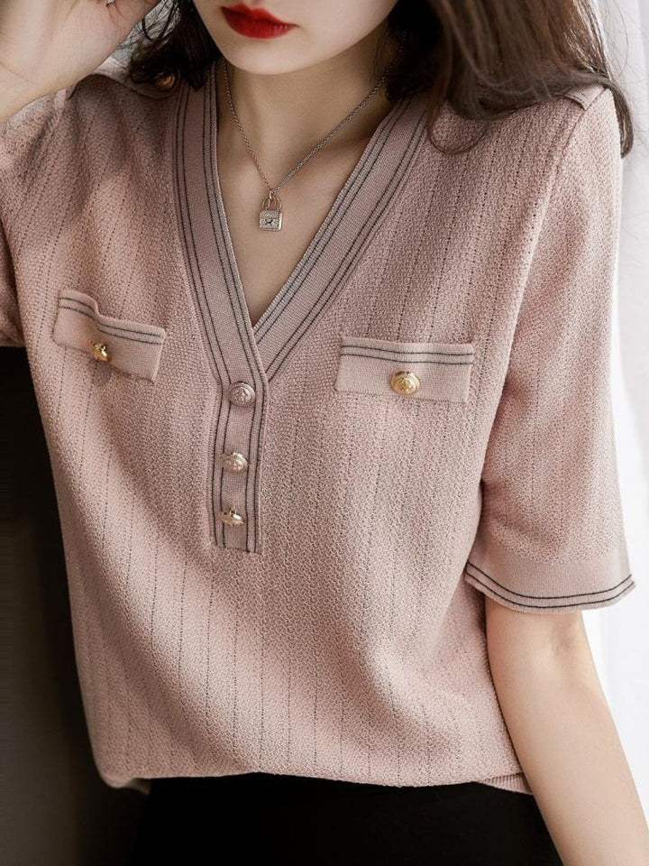 Retro V-Neck Knitted Thin Top