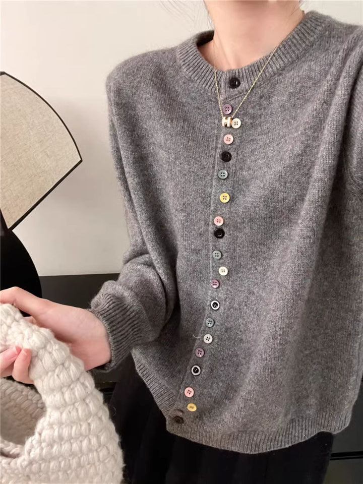 Classic Crew Neck Colorful Button Knit Cardigan - Red