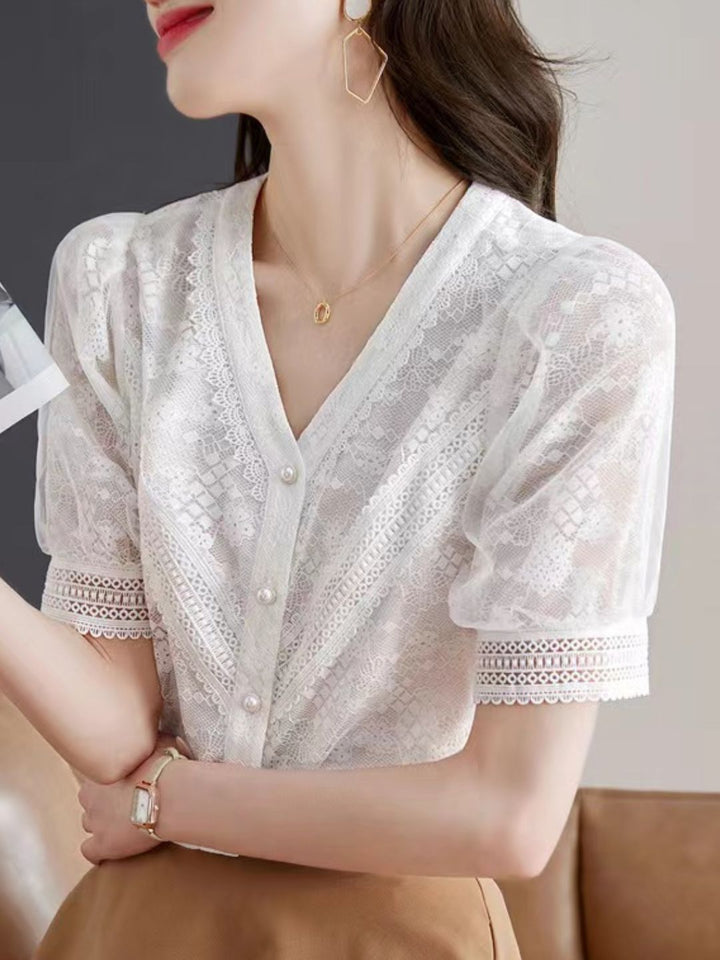 V-neck Short-sleeved Llace Chiffon Shirt