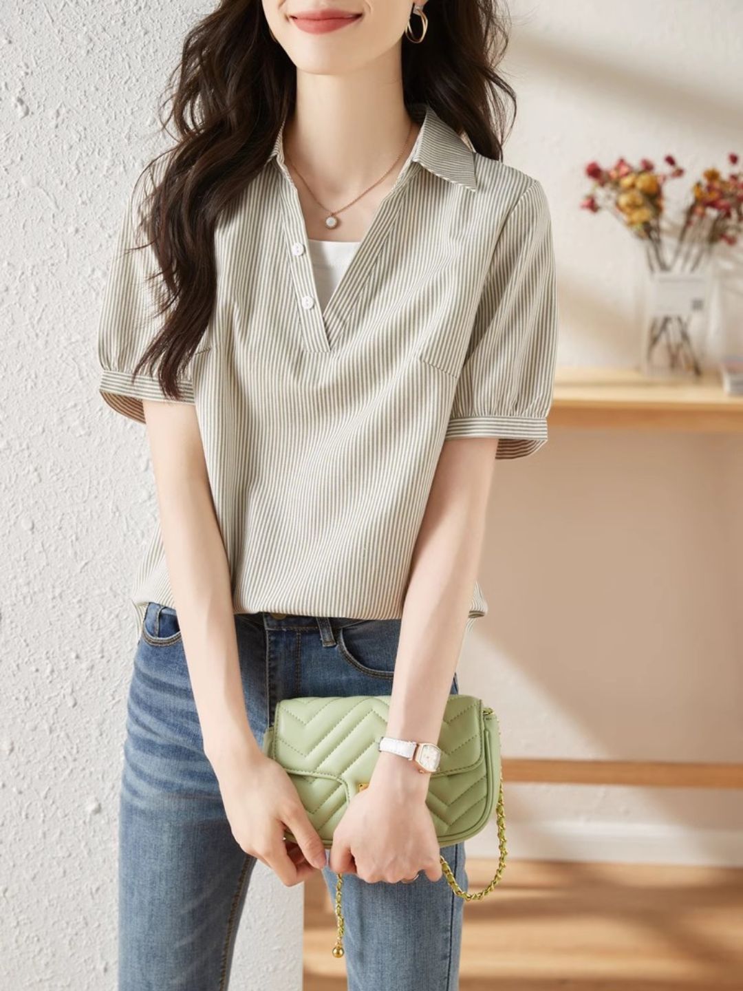 Striped Short-sleeved Lapel Shirt - Green