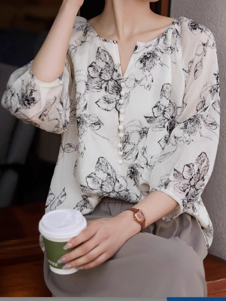 Retro Ink Print Loose Top