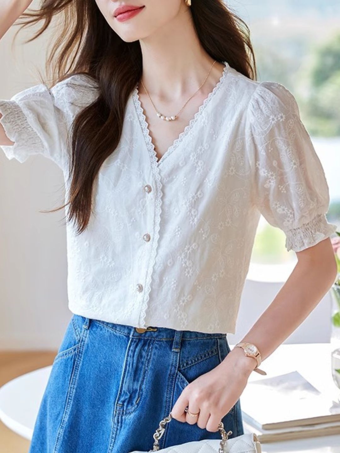 Versatile Lace V-Neck Shirt Top