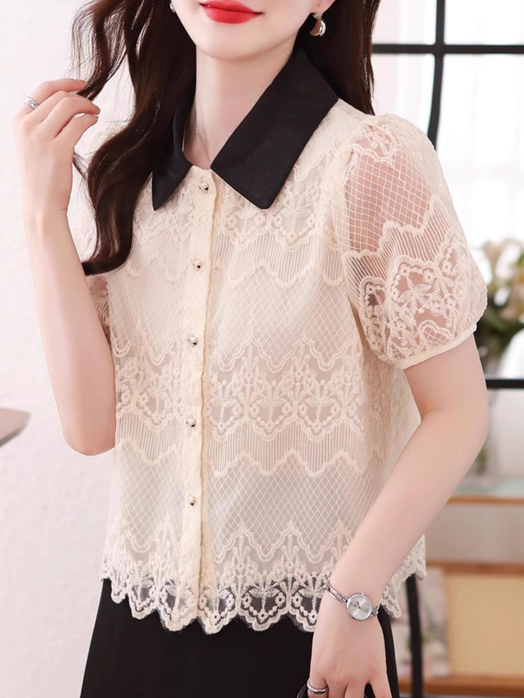Contrast Lapel Lace Chic Top