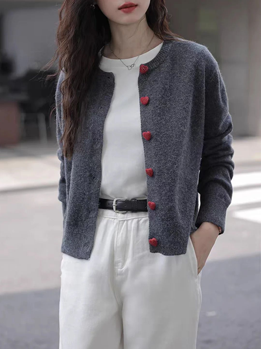 Elegant Crew Neck Heart Button Knitted Cardigan