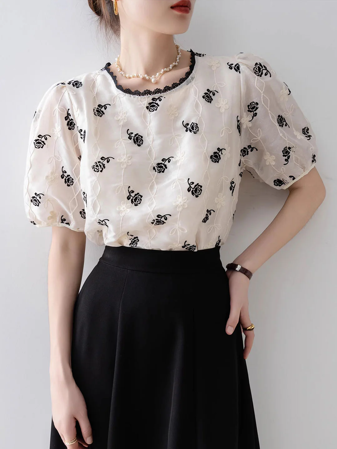 Vintage Puff Sleeve Embroidered Chiffon Top