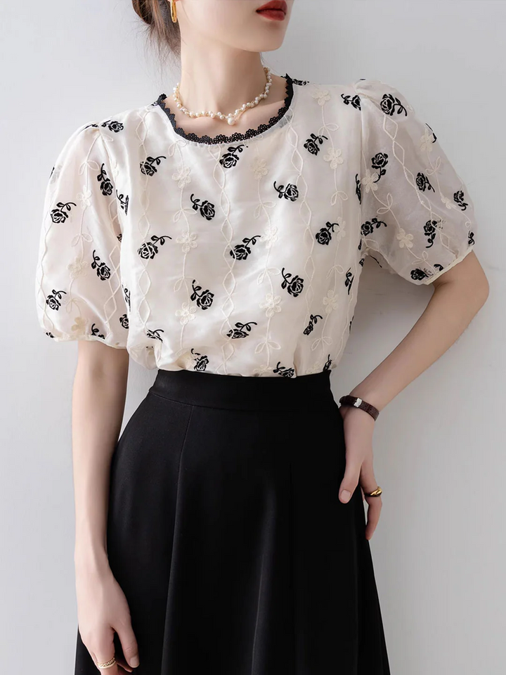 Vintage Puff Sleeve Embroidered Chiffon Top