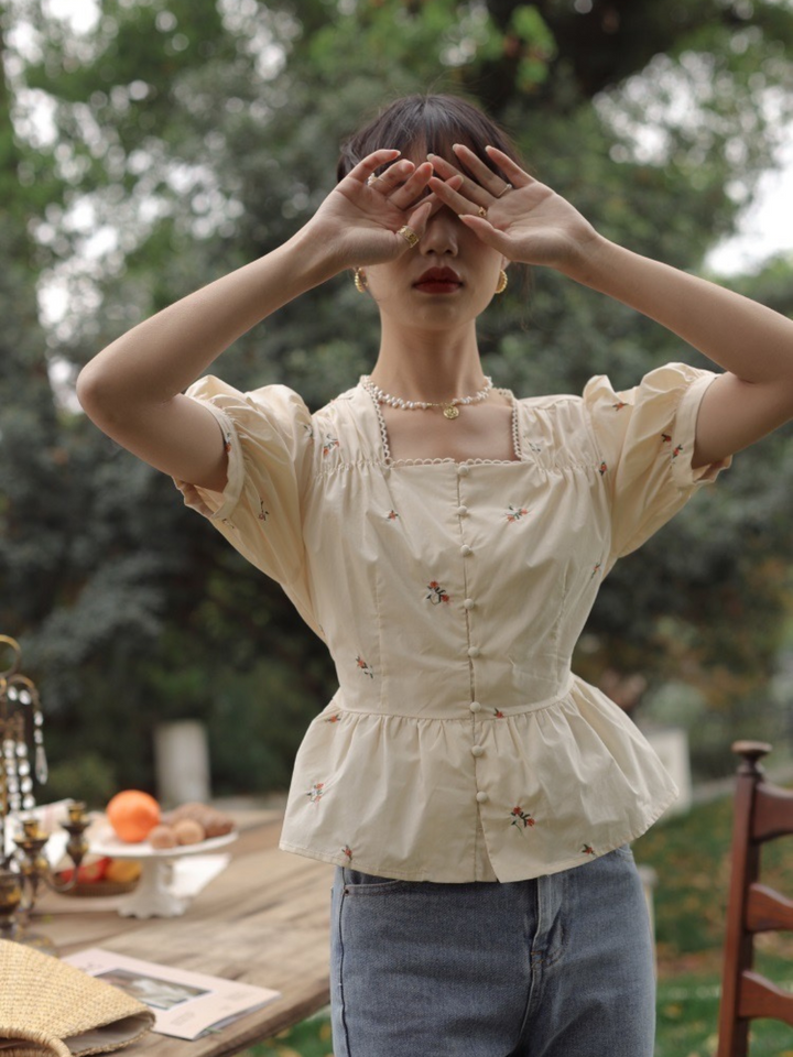 Square Neck Short Sleeve Embroidered Shirt