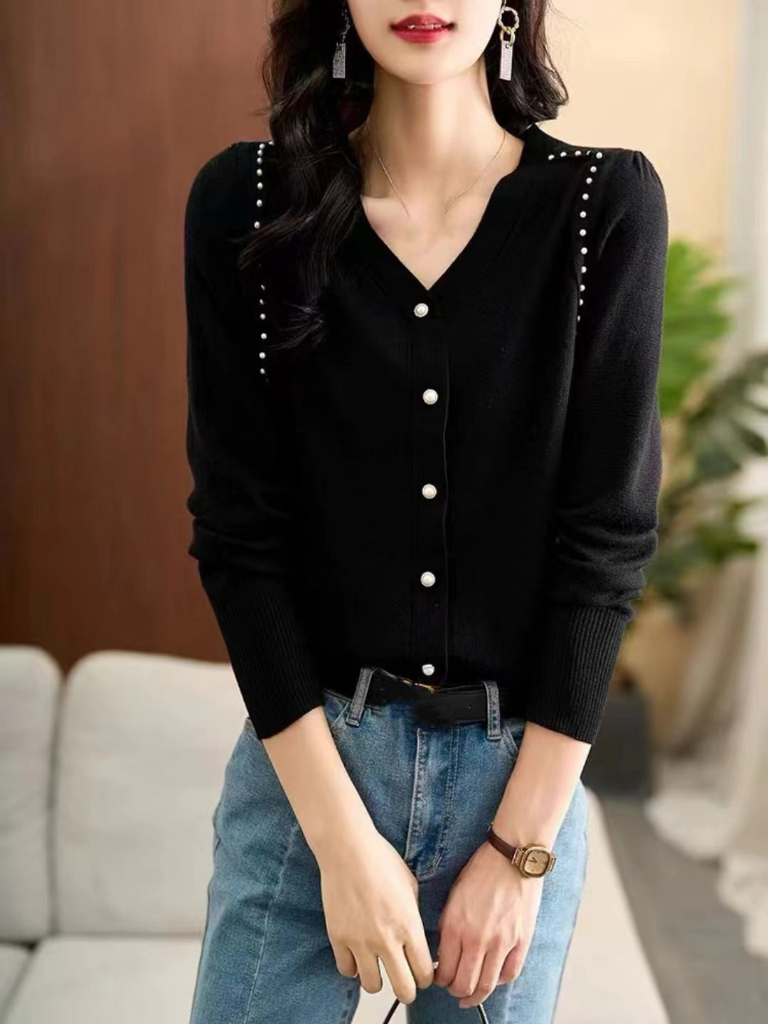 Loose V-Neck Button Knitted Top