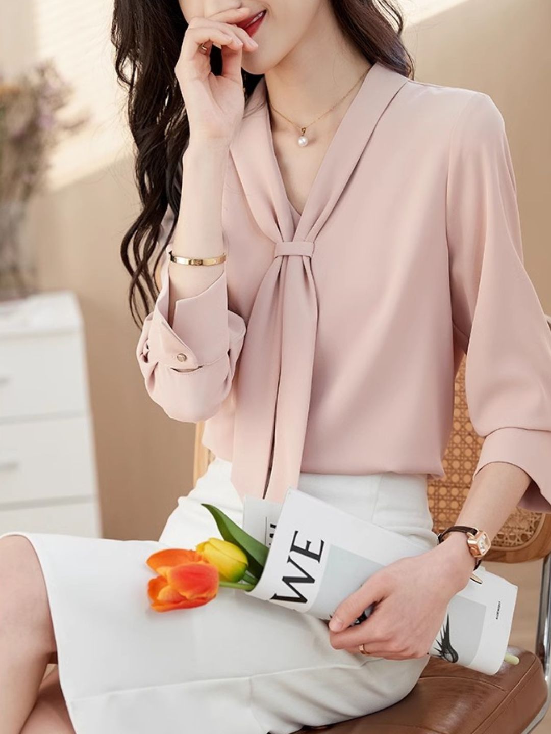 Long Sleeve Chiffon Shirt - Pink