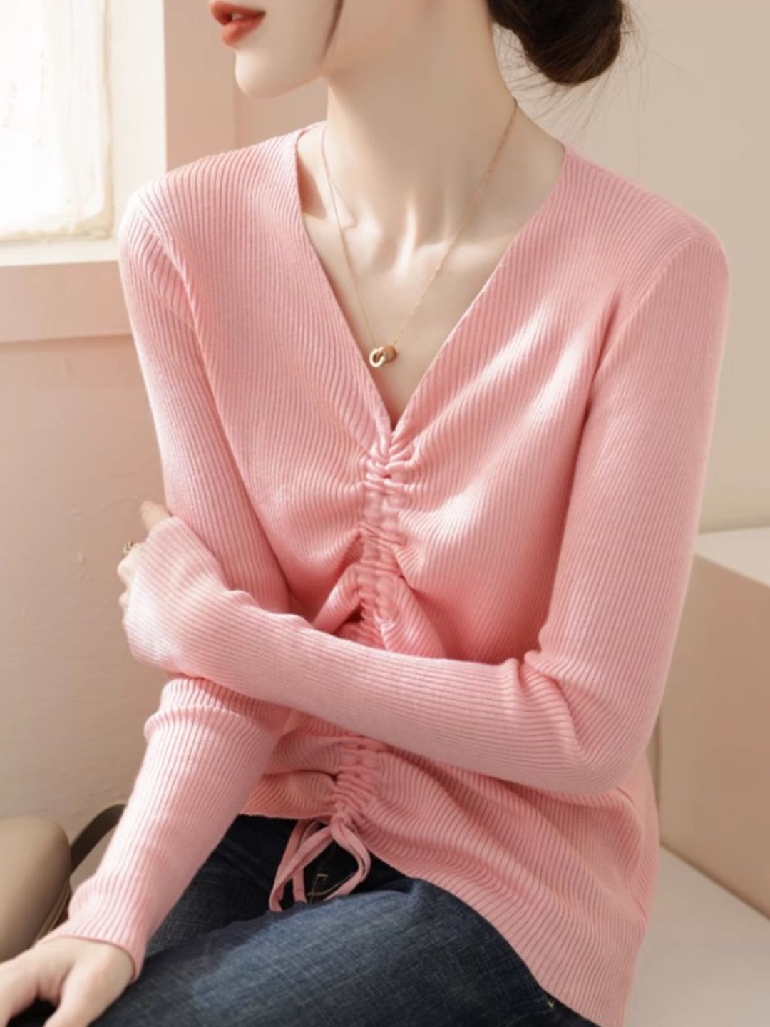 V-neck Drawstring Sweater