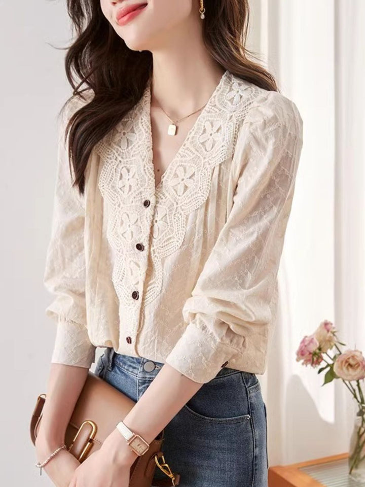 V-neck Lace Shirt Long Sleeve Top