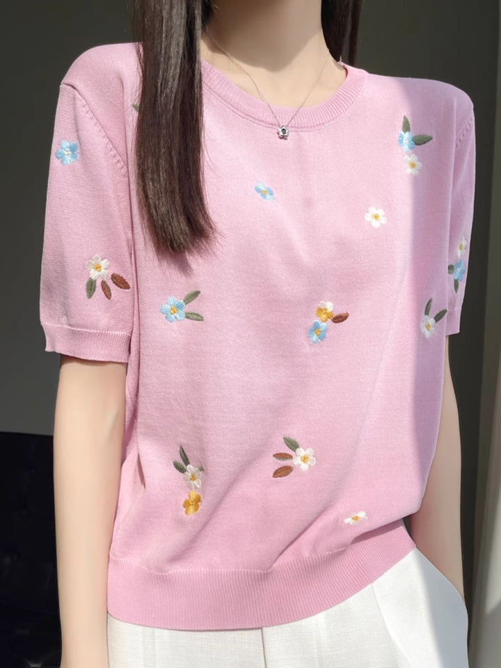 Crew Neck Embroidered Knitted Short Sleeves - Pink