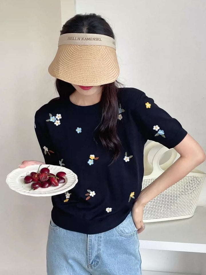 Crew Neck Embroidered Knitted Short Sleeves - Pink