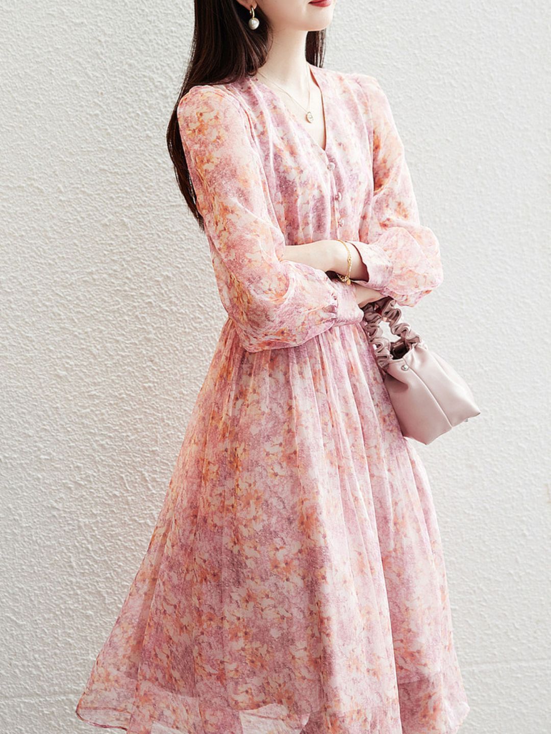 V-Neck Chiffon Floral Dress