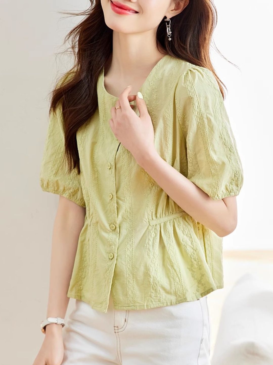 Round Neck Embroidered Shirt - Green