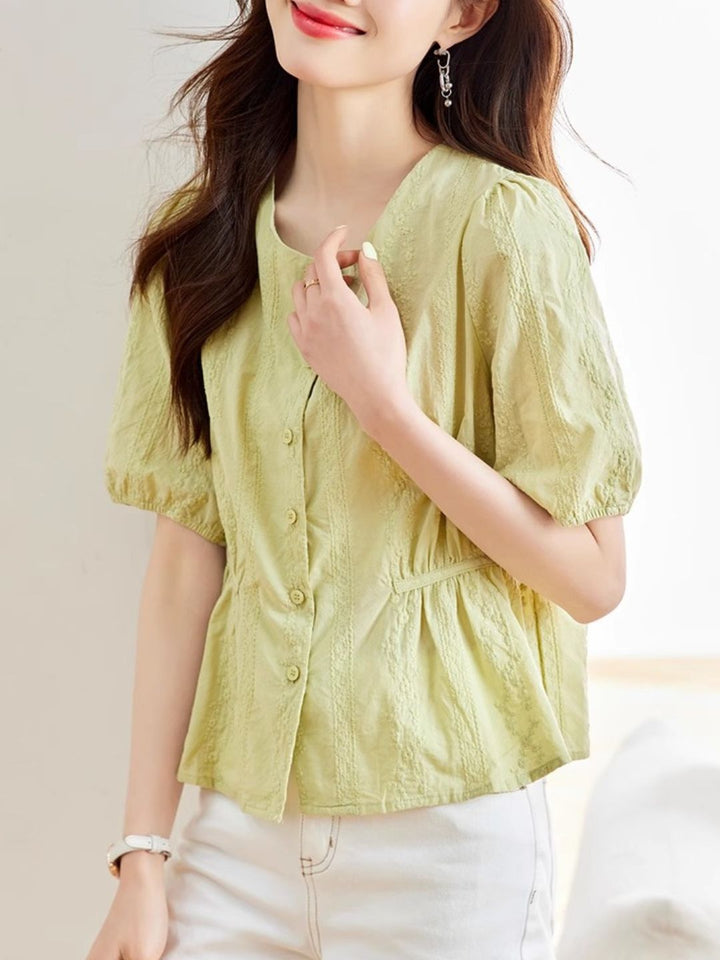 Round Neck Embroidered Shirt - Green