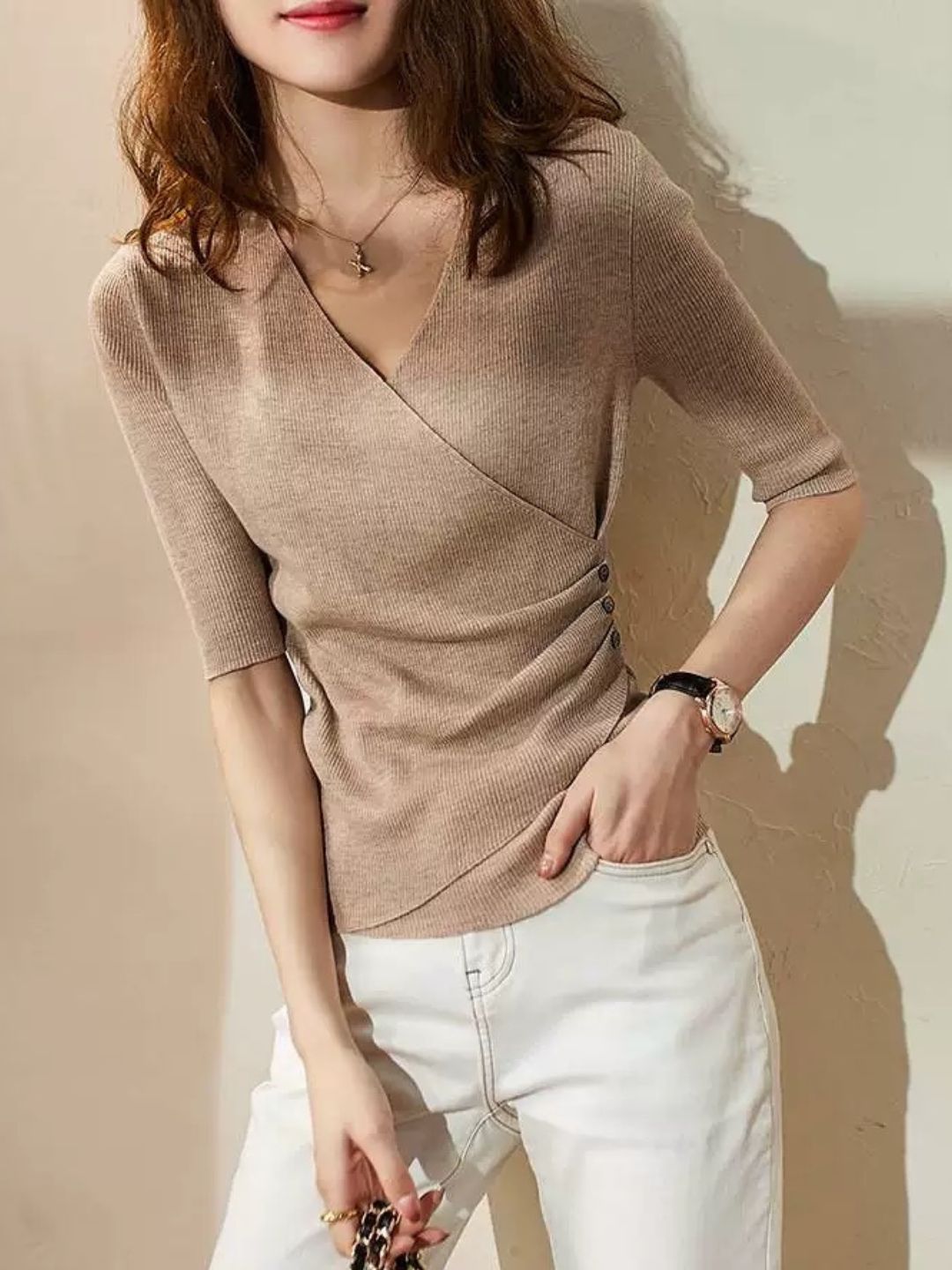 Casual V-Neck Solid Color Knitted Top - Green