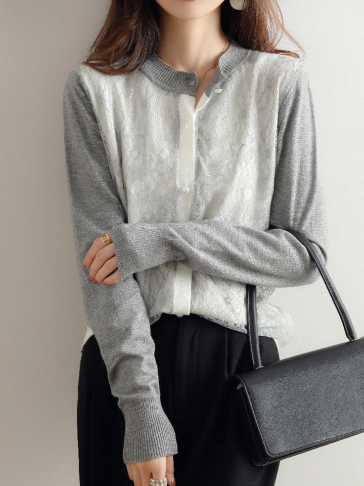 Crew Neck Lace Knit Sweater - Black