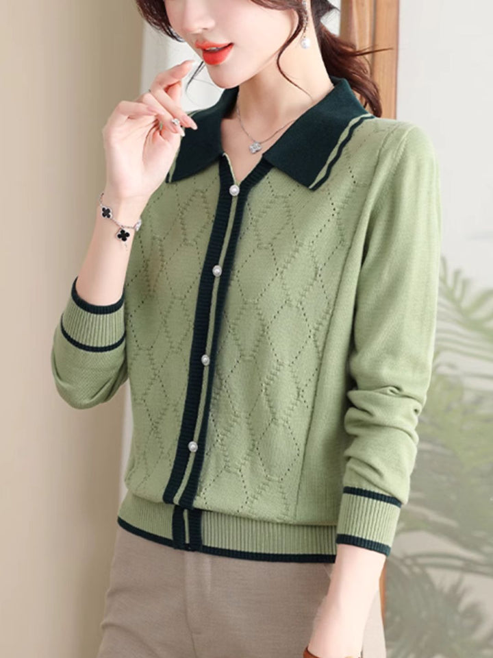 Classic Lapel Knitted Sweater - Green