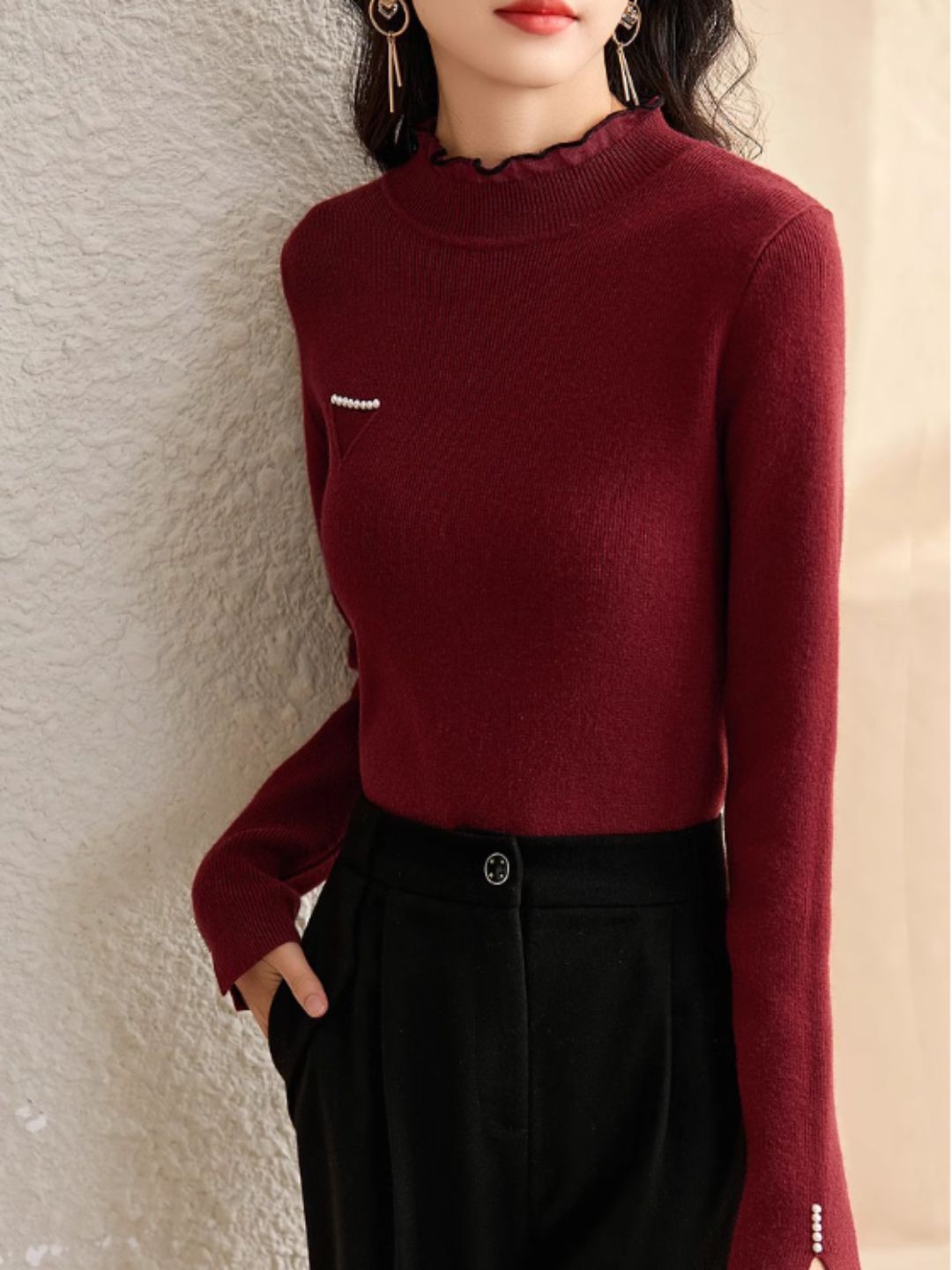 Solid Color Knitted Sweater - Red