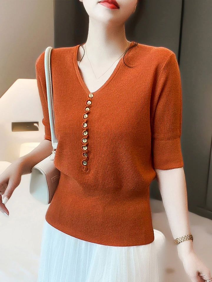 Loose V-Neck Button Knitted Top - Green
