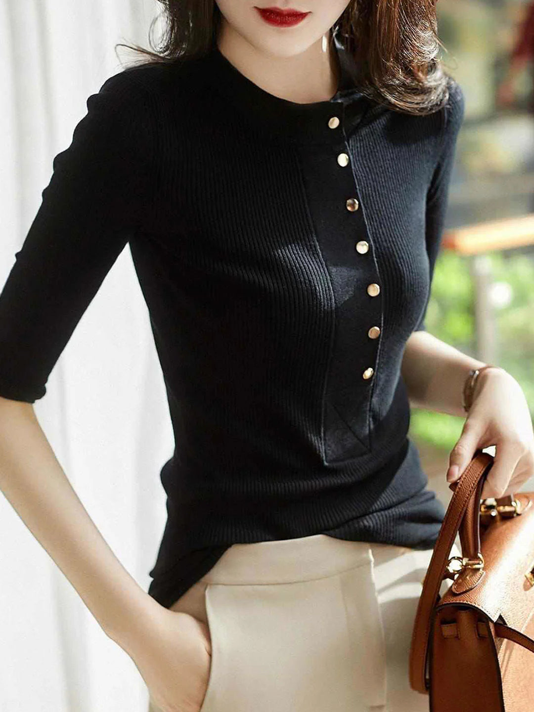 Crew Neck Solid Color Button Knitted Top