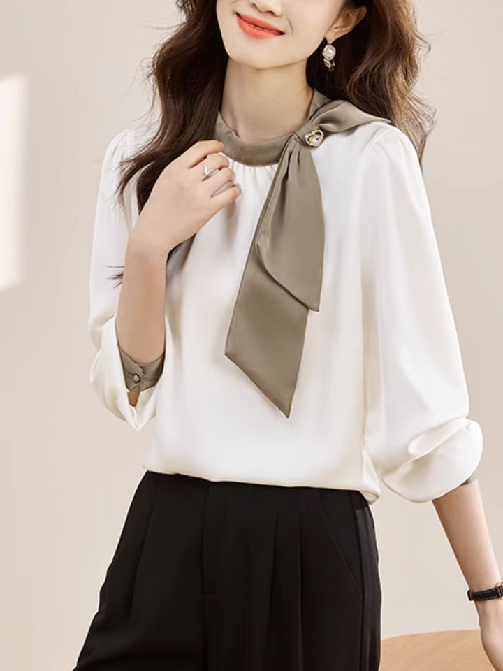 Gentle Colorblock Collar Bowknot Ribbon Top