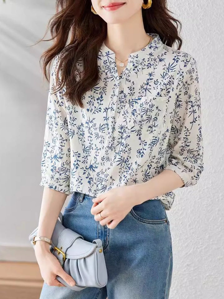 Floral Short Sleeve Blue and White Porcelain Shirt