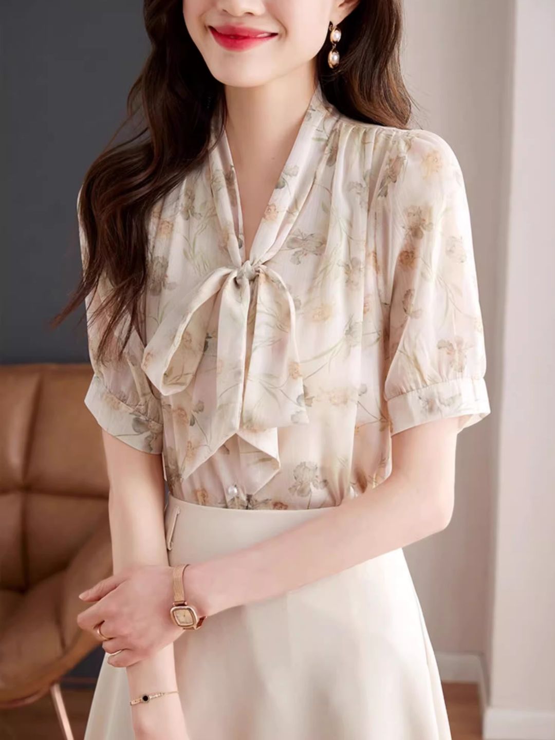 Bow Tie Floral Chiffon Shirt