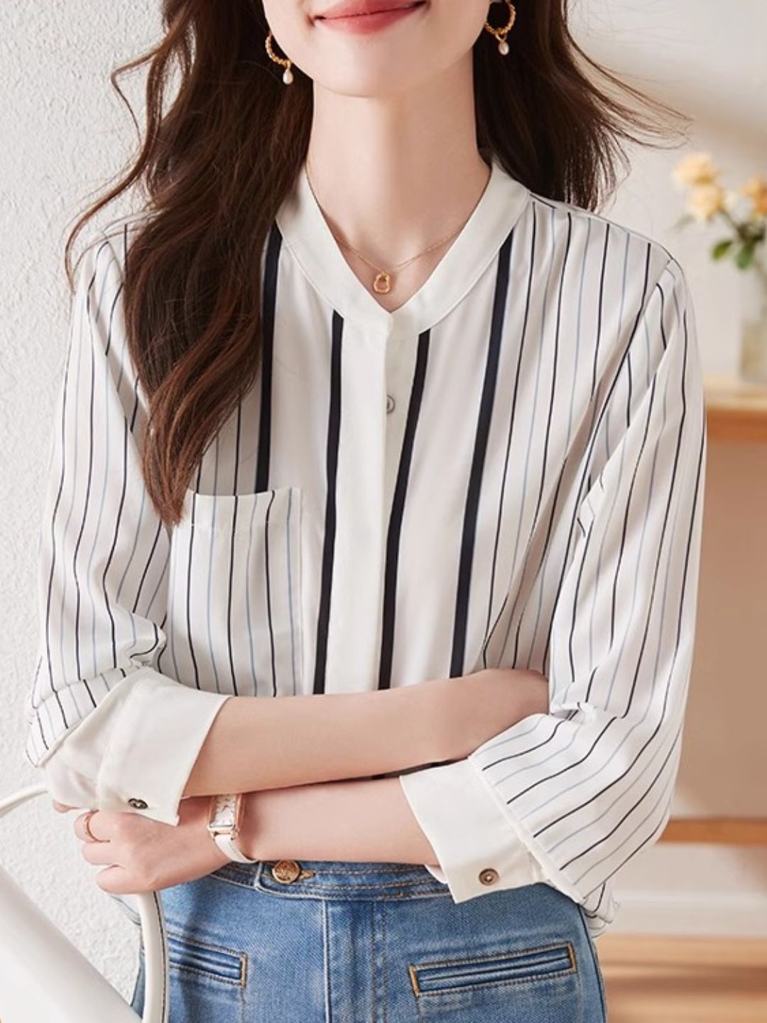 Striped Stand Collar Chiffon Shirt