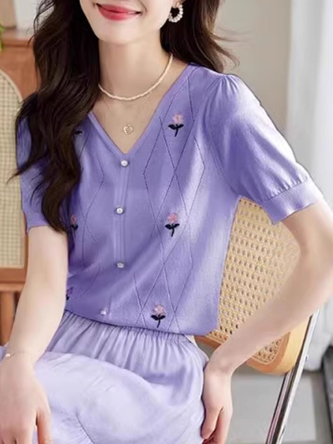 V-Neck Knitted Top With Hollow Embroidery