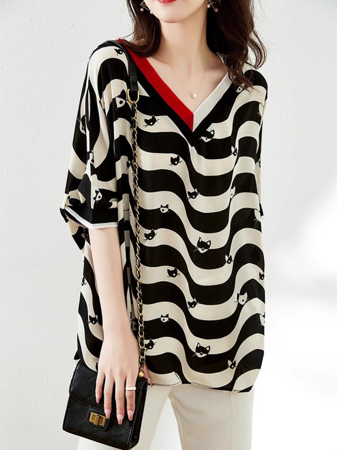 V-neck Striped Mid-sleeve Chiffon Shirt