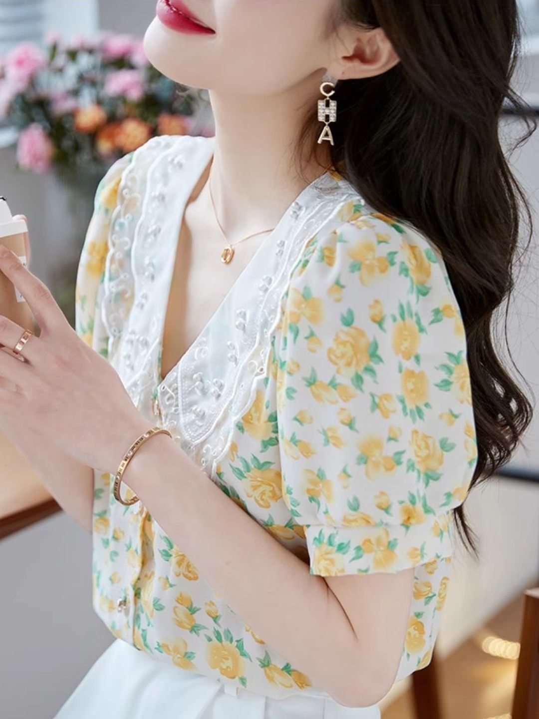 Classic Floral Printed Beaded Chiffon Shirt -Pink