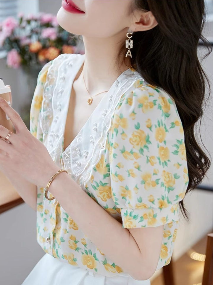 Classic Floral Printed Beaded Chiffon Shirt -Pink