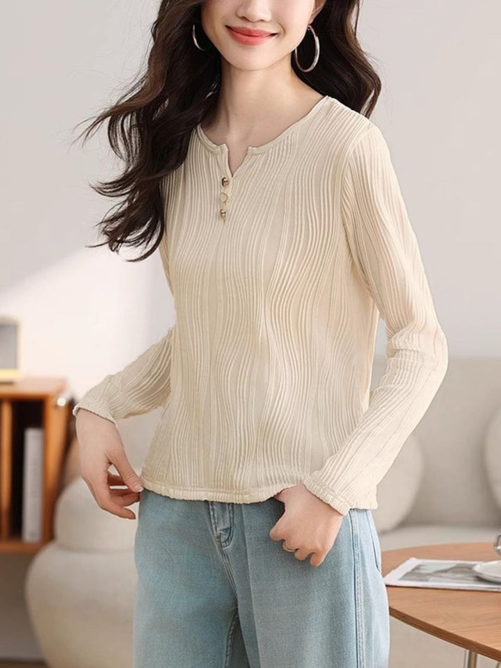 Heart Button Round Neck Long Sleeve Top