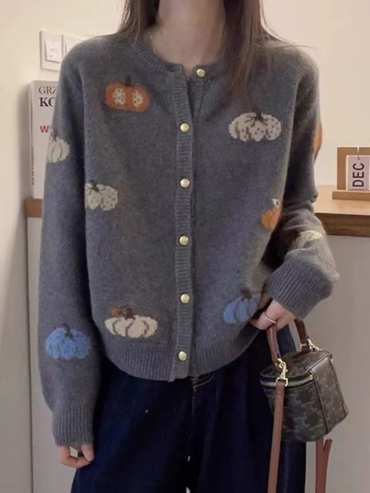 Simple Crew Neck Pumpkin Jacquard Sweater - Grey