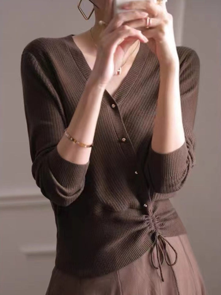 V-Neck Drawstring Knitted Top