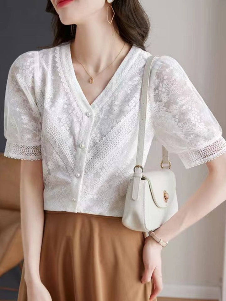 V-neck Short-sleeved Llace Chiffon Shirt