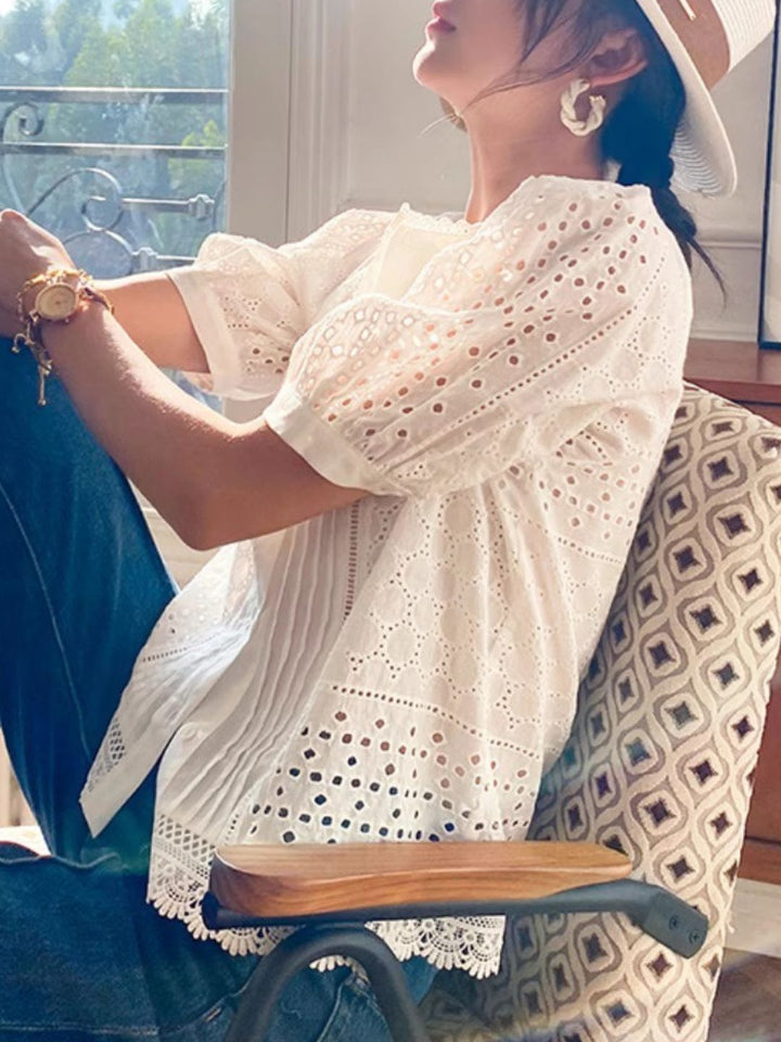 Lace Mid-Sleeve Elegant Hollow Shirt