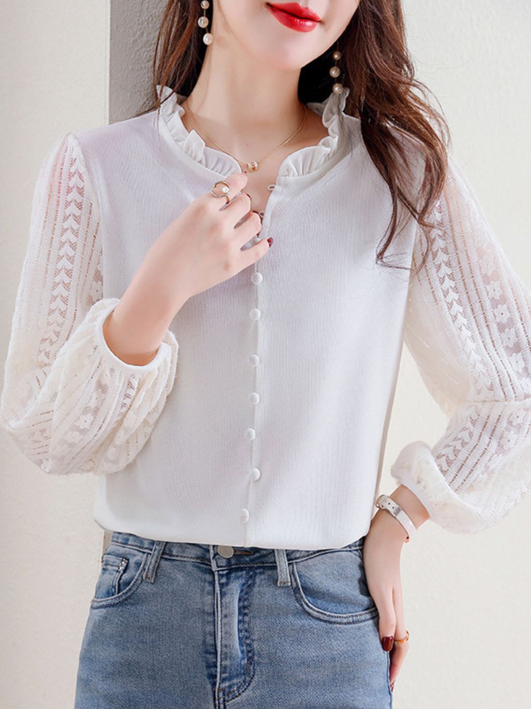 Elegant Lace Lantern Sleeve Top - Pink