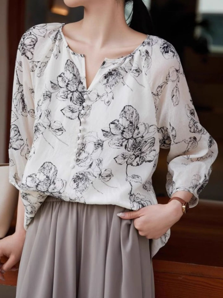 Retro Ink Print Loose Top